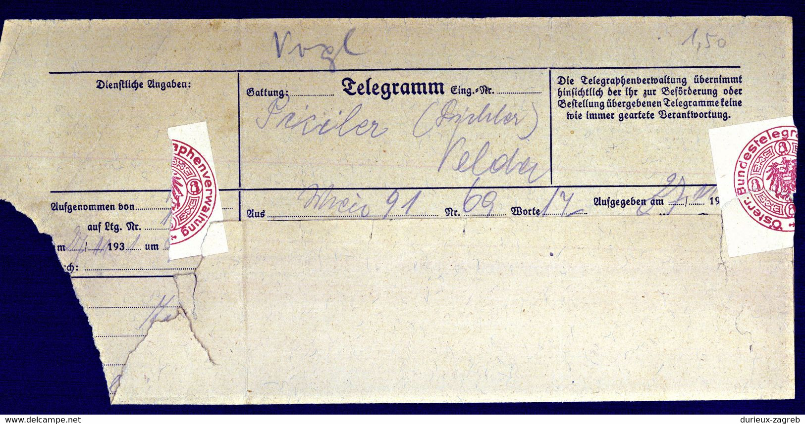 Austria Telegramm 1931? B220720 - Telegraphenmarken