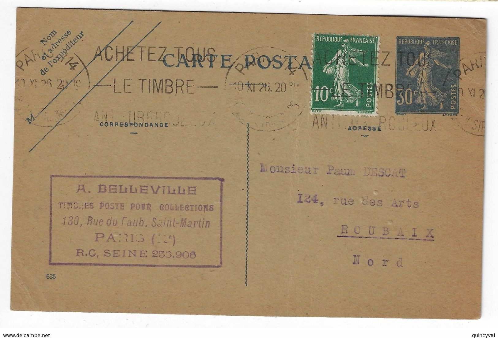 PARIS 114 Carte Postale Entier Semeuse 30c Bleu Yv 192-CP1 Mill 635 Complément 10c Vert Yv 159 Ob Meca 1920 - Standard- Und TSC-AK (vor 1995)