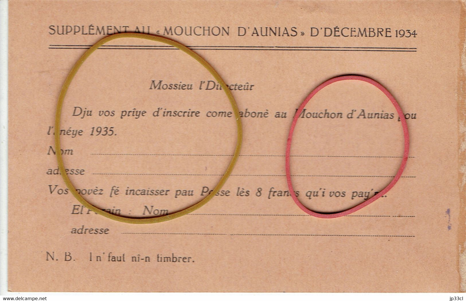 Bulletin De Réabonnement à La Revue Mouchon D'Aunias (La Louvière, Déc. 1934) à Adresser à M. Alfred Pourbaix, Président - Unclassified