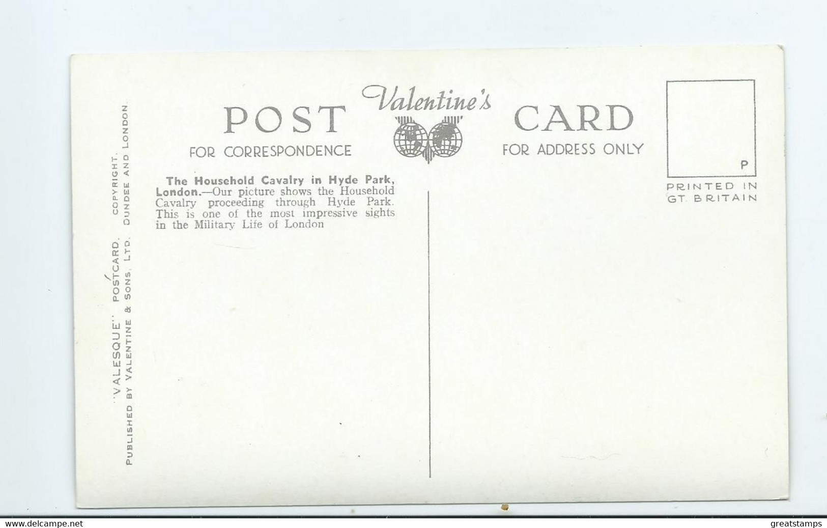 London    Postcard Hyde Park  Valentine's Unused Household Cavalry - Hyde Park