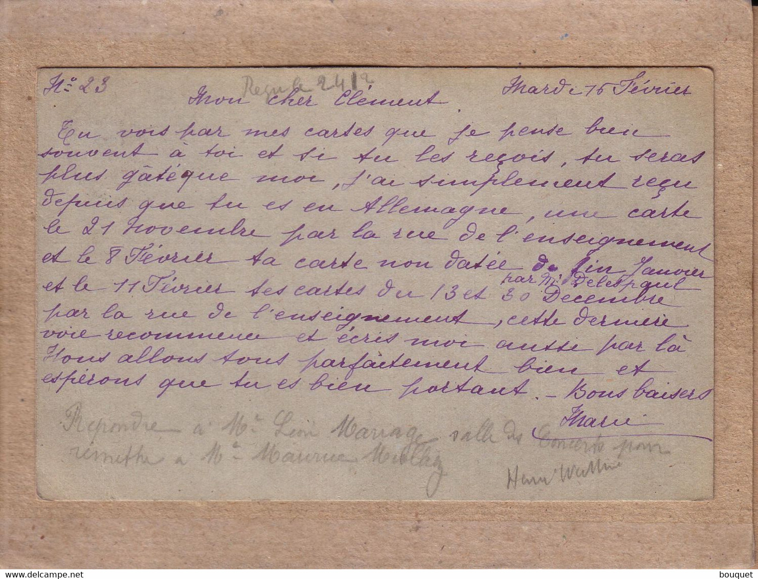 BELGIQUE ALLEMAGNE - CARTE COMITE RENSEIGNEMENTS BLESSES ET PRISONNIERS BELGES DE TOURNAI POUR FRIEDRICHSFELD - 1915 - OC1/25 Generalgouvernement 