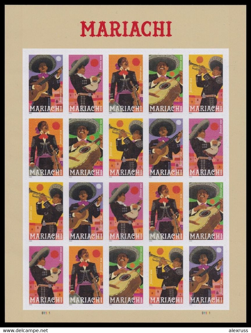 US 2022, Music, Mariachi, Forever Stamps, Sheet 20 Stamps 68c, Scott # 5703-5707, VF MNH** - Ganze Bögen