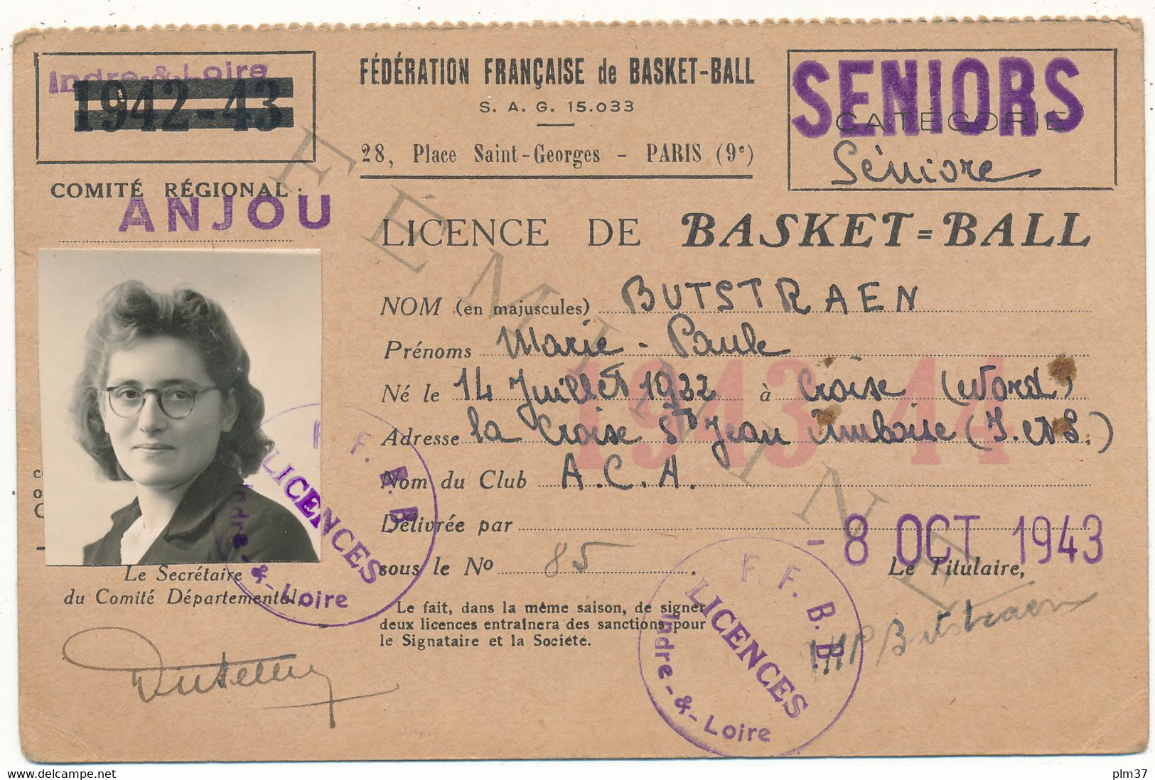 Carte, Licence De BASKET-BALL - Athlétic Club Amboisien, Seniors, 1943 - Other & Unclassified