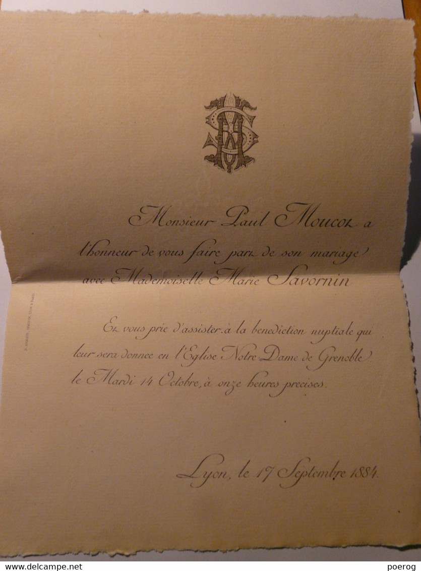 FAIRE PART DE MARIAGE 1884 - PAUL MOUCOT ET MARIE SAVORNIN - CEREMONIE NUPTIALE - LYON GRENOBLE - DOCTEUR & MME PEGOUD - Huwelijksaankondigingen