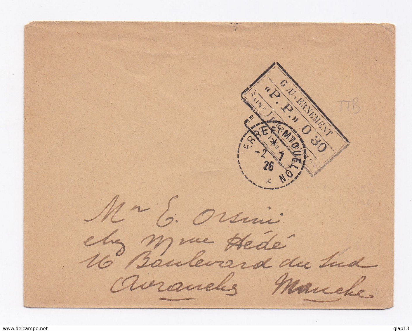 ENVELOPPE DE SAINT PIERRE ET MIQUELON POUR AVRANCHES DU 02/07/1926 - Storia Postale