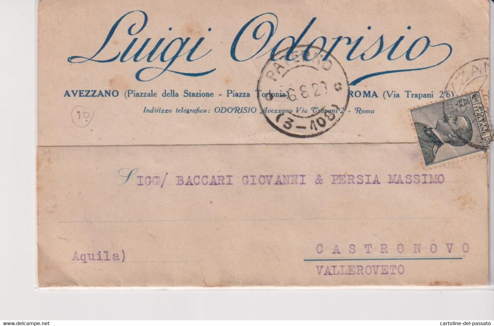 AVEZZANO  STORIA POSTALE  1929  L. ODORISIO - Avezzano