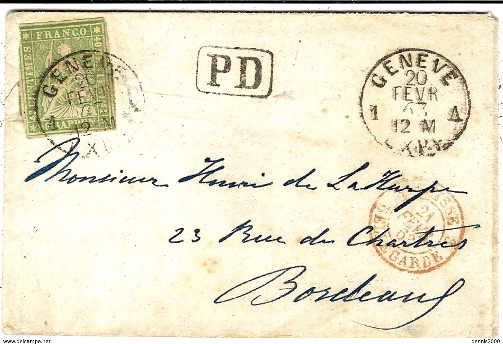 1862- Petite Enveloppe De GENEVE  Affr. N°26   ( ? ) Court Angle Gauche Supérieur -  Entrée Par Bellegarde - Briefe U. Dokumente