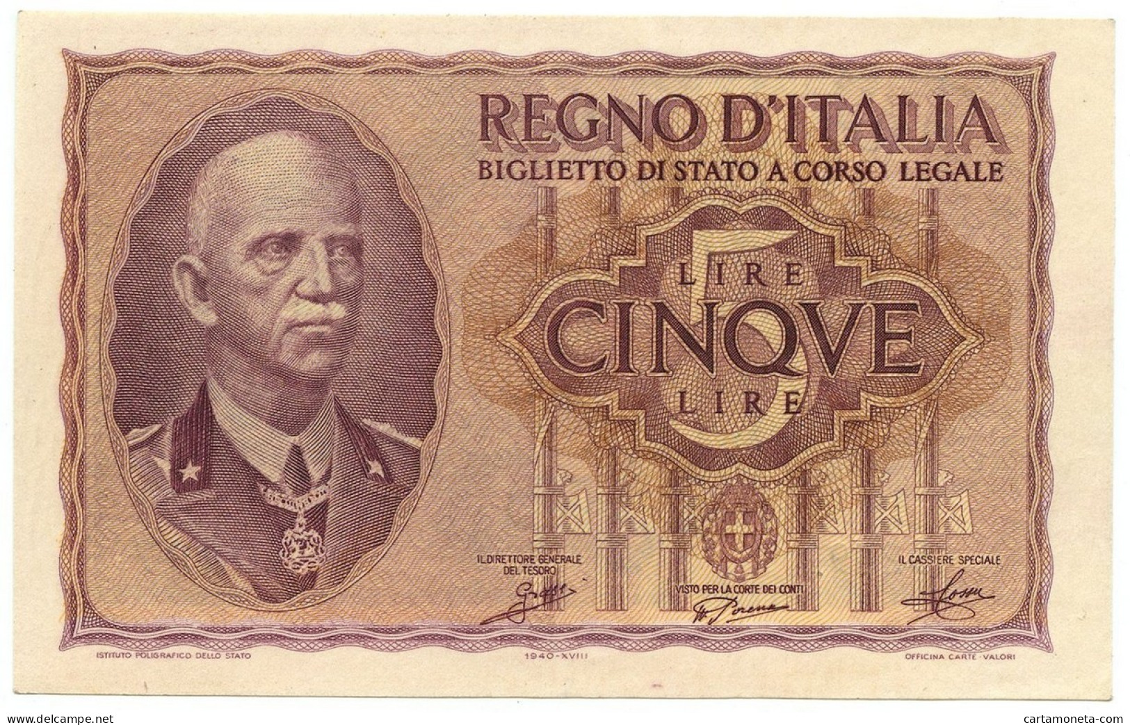 5 LIRE BIGLIETTO DI STATO VITTORIO EMANUELE III FASCIO 1940 XVIII FDS-/FDS - Andere