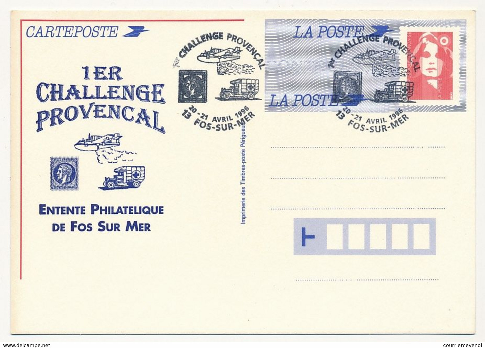 Entier Repiqué - Carte-poste Briat - 1er Challenge Provencal - 13 FOS SUR MER - 20/21 Avril 1996 - Cartes Postales Repiquages (avant 1995)