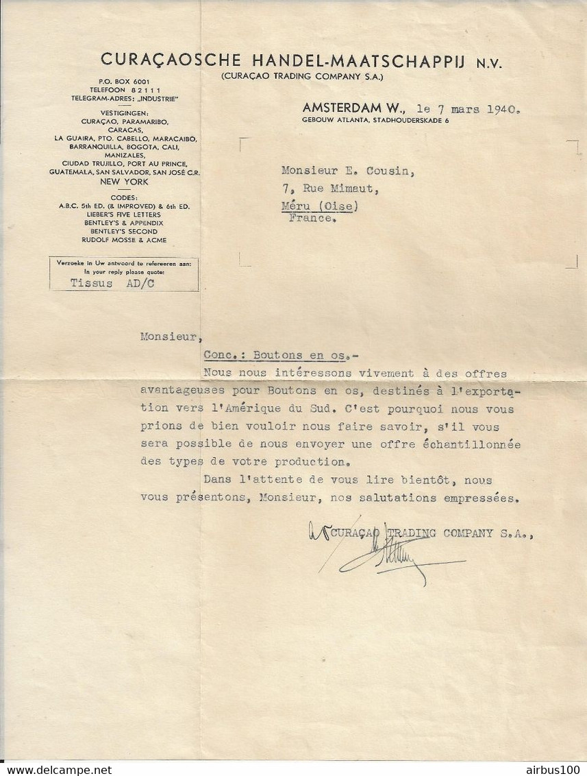 LETTRE AMSTERDAM 7 MARS 1940 - CURACAOSCHE HANDEL MAATSCHAPPIJ N.V. → MÉRU OISE - Netherlands
