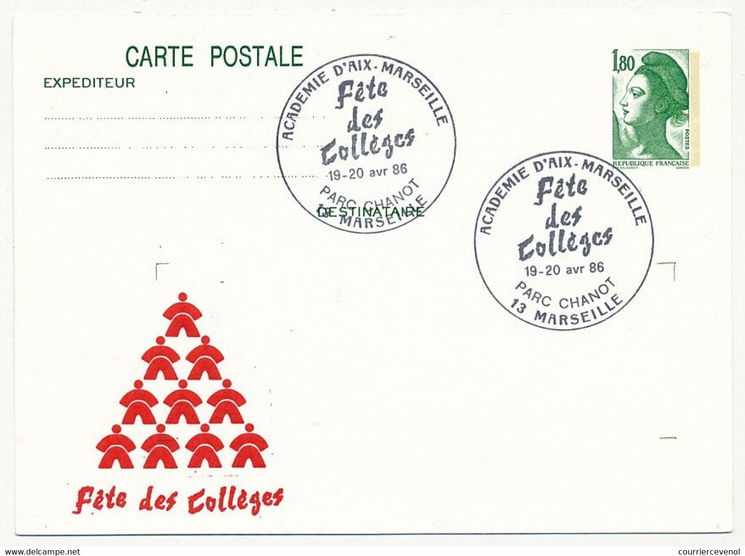 Entier Repiqué - C.P. 1,80 Liberté - Fête Des Collèges - Parc Chanot - MARSEILLE - 19/20 Avril 1986 - Overprinter Postcards (before 1995)