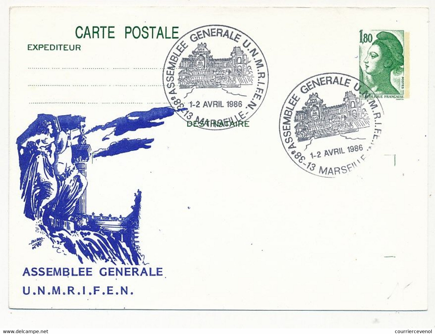 FRANCE - CP 1,80 Liberté - Assemblée Générale UNMRIFEN ( Illustrée Palais Longchamp) MARSEILLE - 1/2 Avril 1986 - Overprinter Postcards (before 1995)