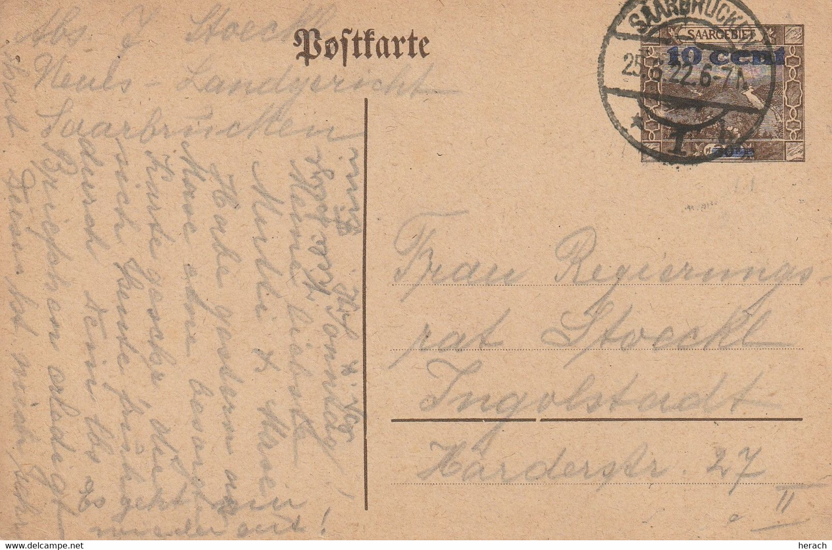 Sarre Entier Postal Saarbrücken 1922 - Ganzsachen