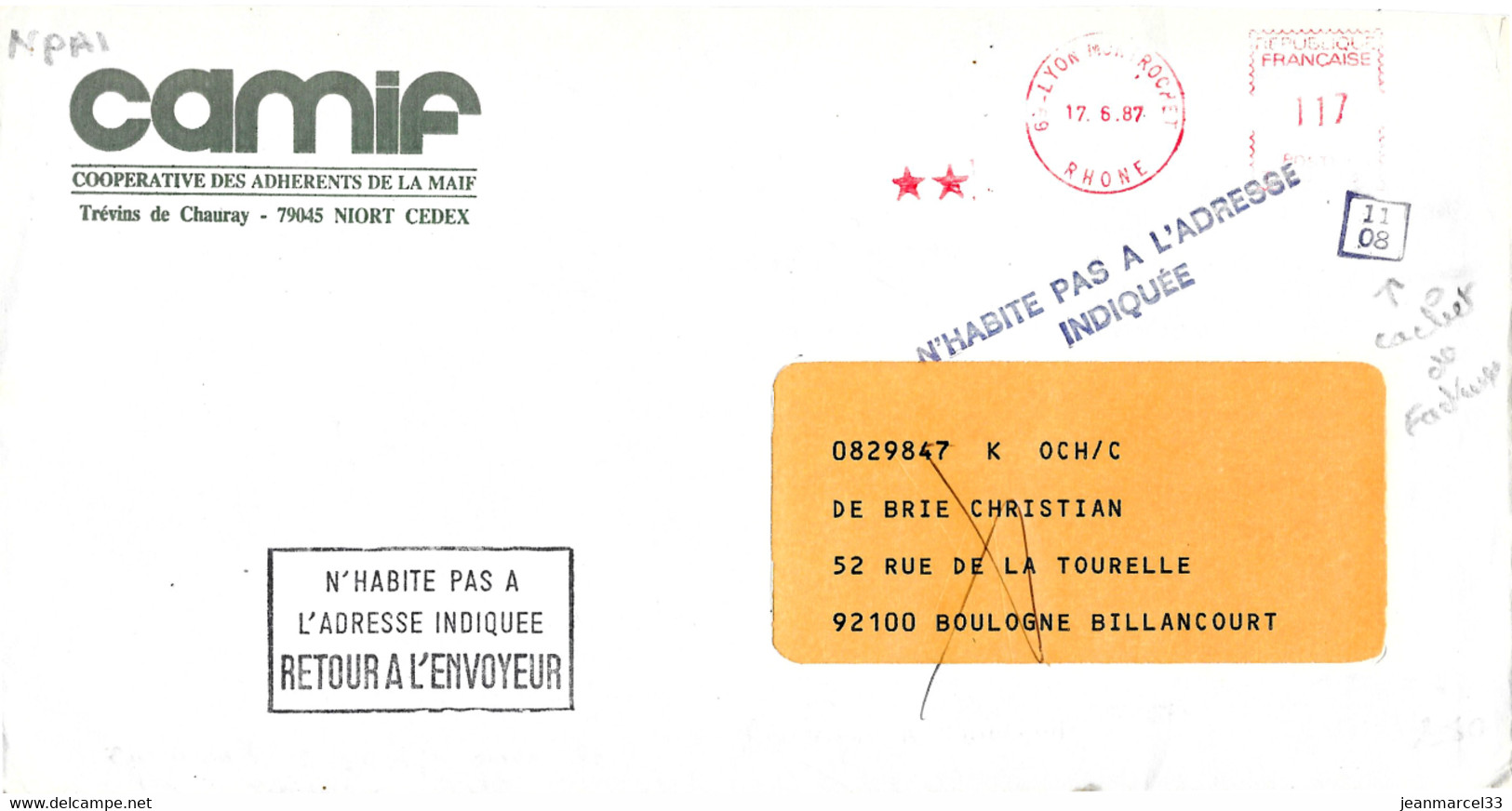 Griffe " N'Habite Pas A L'Adresse / Indiquée " + NPAI SECAP Sans Le Timbre à Date De Boulogne Billancourt - Lettres & Documents