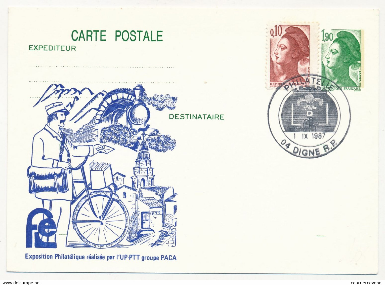 CP Entier Repiqué 1,90 Liberté - Exposition Philatélique UP PTT PACA - 04 DIGNE PHILATELIE - 1/9/1987 - Overprinter Postcards (before 1995)