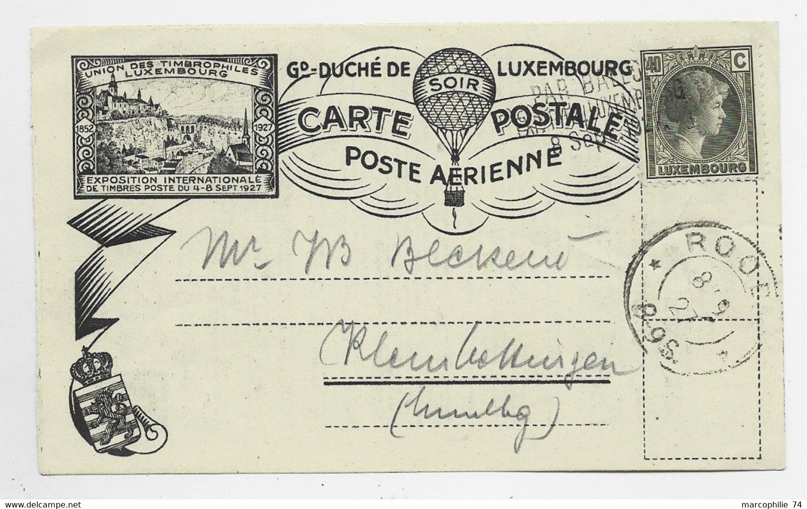 LUXEMBOURG 40C SOLO PETITE CARTE COVER CARD POSTE AERIENNE PAR BALLON 9 SEPT 1927 - Storia Postale