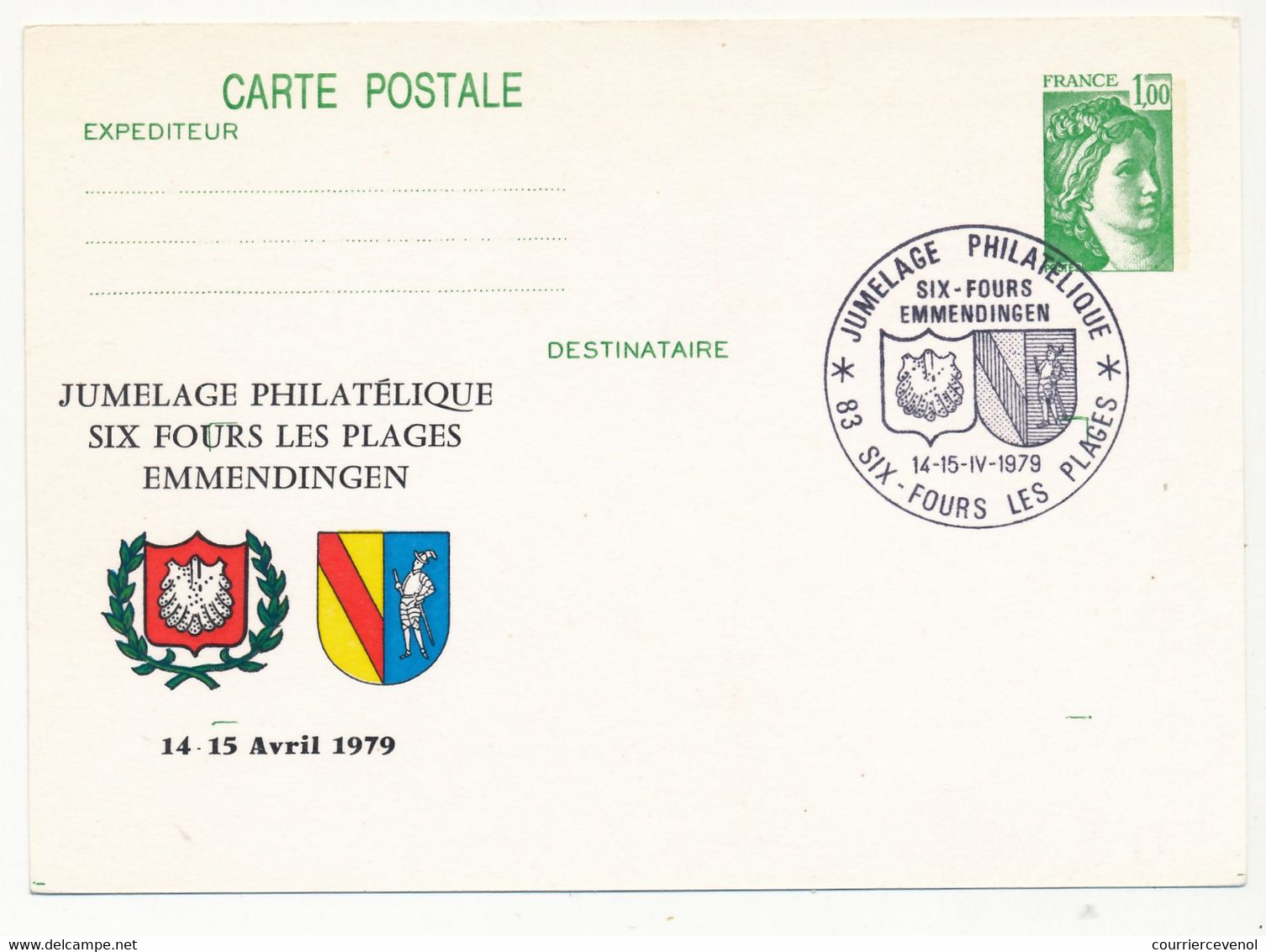 Entier Repiqué - 1,00 Sabine - Jumelage Philatélique Six Fours Les Plages / Emmendingen - 83 Six Fours Les Plages - 1979 - Overprinter Postcards (before 1995)