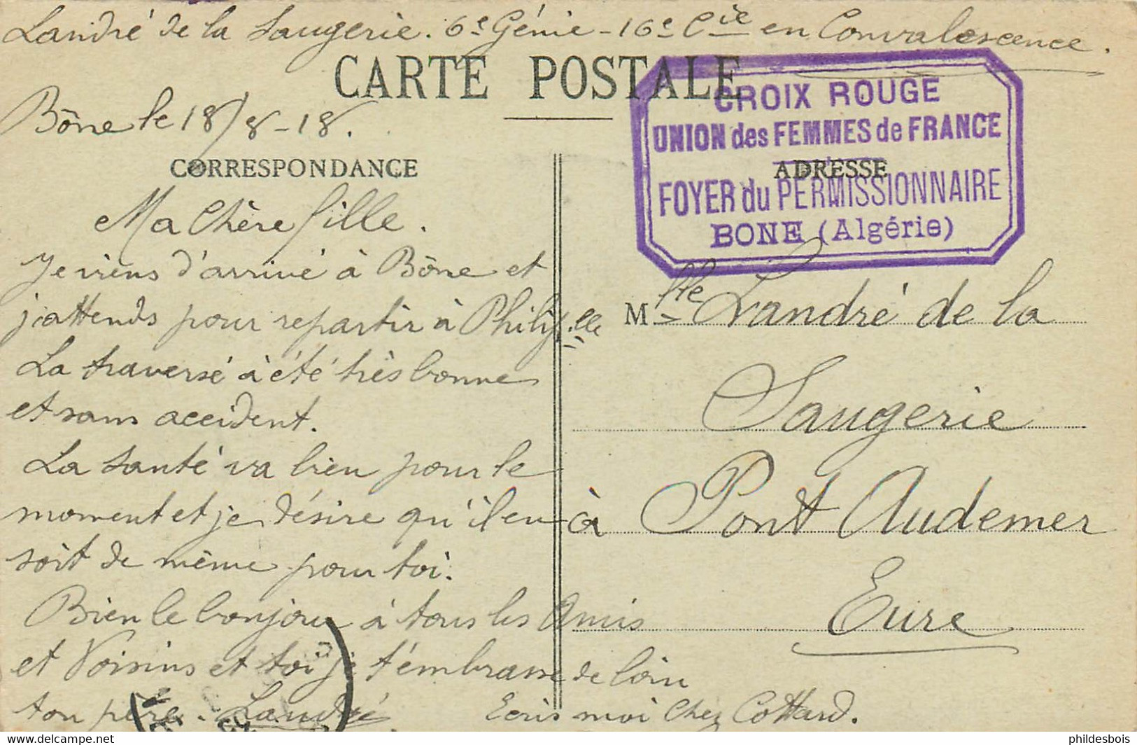 CARTE POSTALE ALGERIE Bone  Cachet " CROIX ROUGE Union Des Femmes De Françe " - Covers & Documents