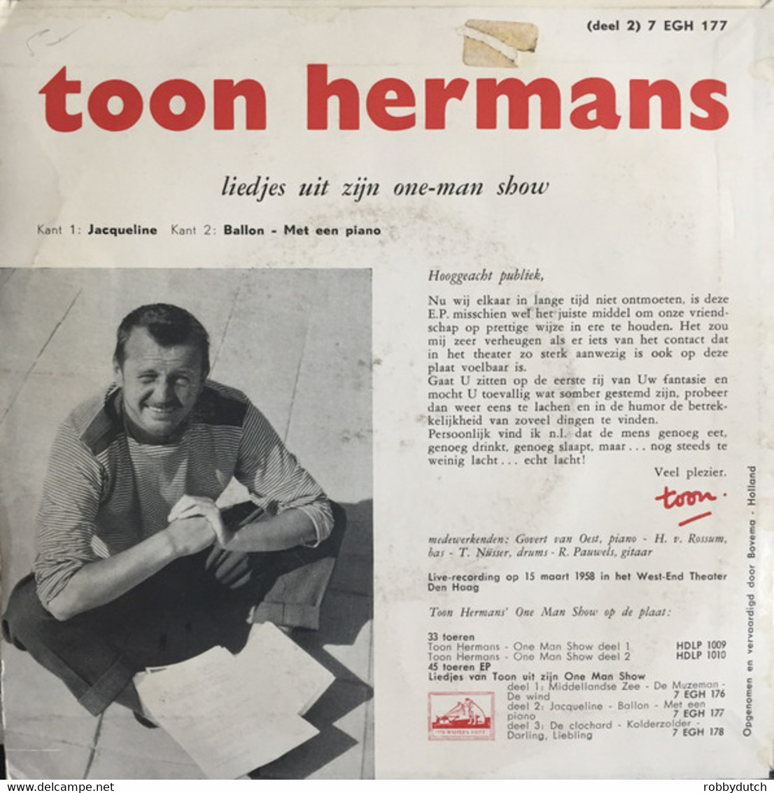 * 7" *  TOON HERMANS - LIEDJES VAN TOON 1958 Dl.2 - Humour, Cabaret