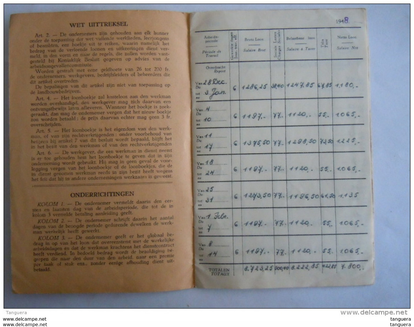 België 1948 Loonboekje Carnet De Salaire Scheepstimmerman Antwerpen Vergoeding Der Schade Arbeidsongevallen - Bank En Verzekering