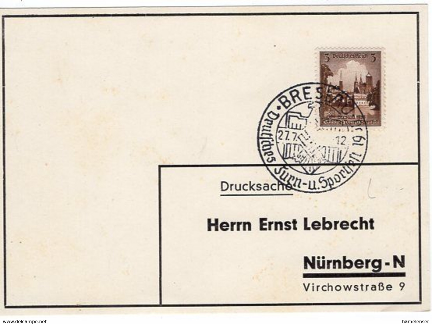 53727 - Deutsches Reich - 1938 - 3Pfg Sportfest EF A DrucksKte SoStpl BRESLAU - DEUTSCHES TURN- U. SPORTFEST ... -> Nbg. - Gymnastik