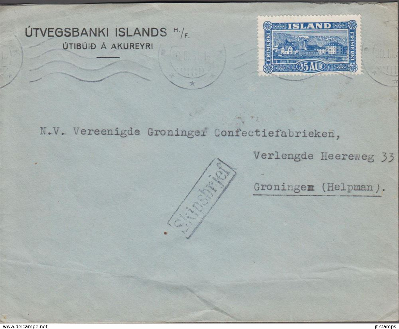 1931. ISLAND. 35 Aur REYKJAVIK. View On Ship Mail Cover To GRONINGEN Holland Cancelled  REYKJAVIK 30 III 3... - JF523474 - Briefe U. Dokumente