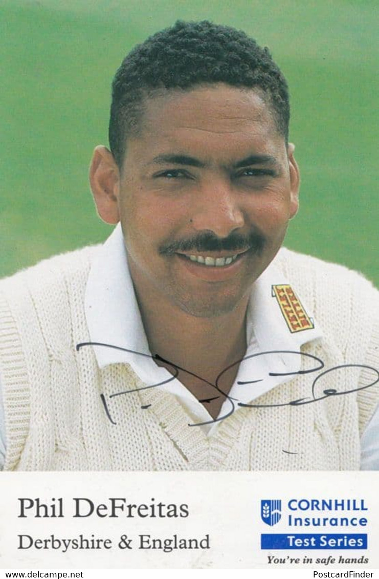 Phil DeFreitas Derbyshire Cricket Team Cornhill Insurance Hand Signed Card Photo - Cricket