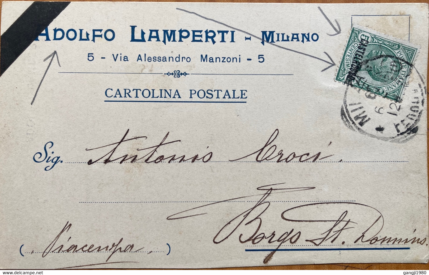 ITALY “CASTELROSSO” 1905 OVERPRINED BLACK ON KING STAMP,ADOLFO LAMPERT PRIVATE FIRM,MILANO CITY SQUARE CANCELLATION - Castelrosso