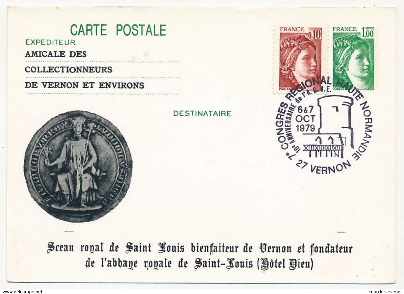 Entier Repiqué - C.P. 1,00 Sabine - Sceau Royal De St Louis - 7eme Congrès Régional - 27 VERNON - 6/7 Octobre 1979 - Overprinter Postcards (before 1995)