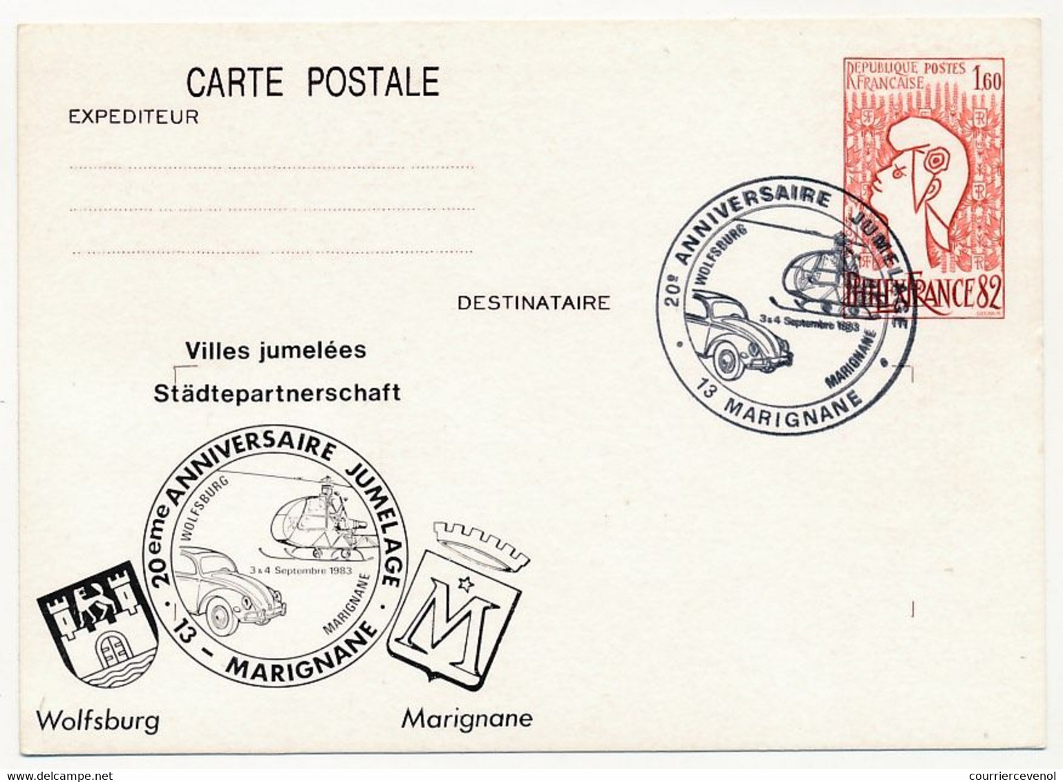 Entier CP 1,60 Philexfrance - 20eme Anniversaire Jumelage Wolfsburg Marignane - 13 MARIGNANE - 3/4 Septembre 1983 - Overprinter Postcards (before 1995)