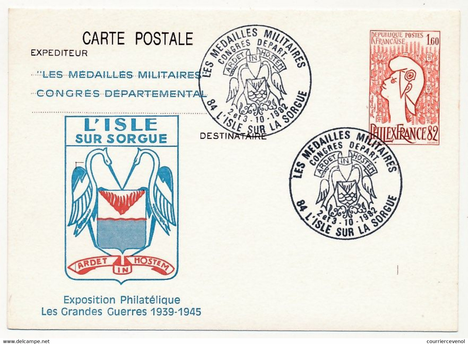 Entier CP 1,60 Philexfrance - Les Médaillés Militaires Congrès Départemental - 84 L'Isle Sur Sorgues - 2/3/10/1982 - Cartes Postales Repiquages (avant 1995)