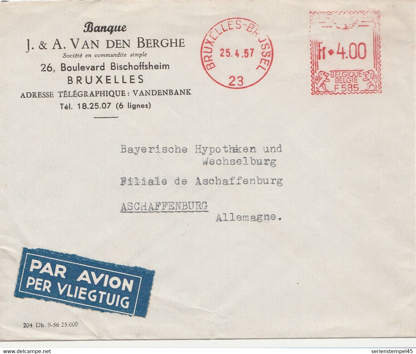 Belgien Luftpostbrief Nach Deutschland Banque J & A Van Den Berghe Bruxelles 1957 - Autres & Non Classés