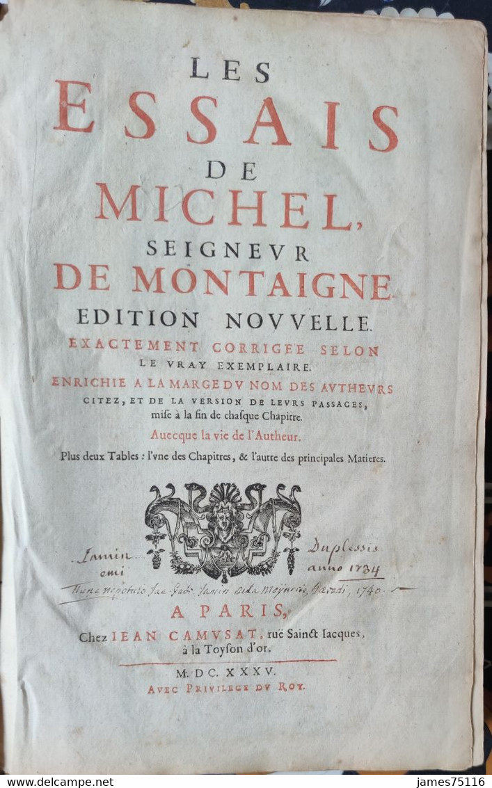 MONTAIGNE (Michel De). Les Essais De Michel, Seigneur De Montaigne, 1635. - Before 18th Century