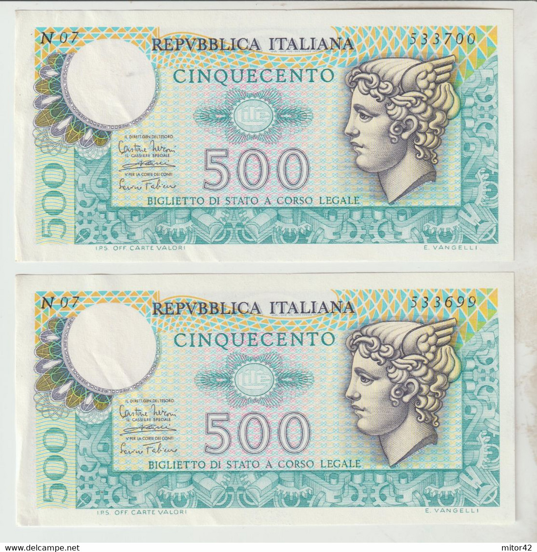 78-Banconota Italia Repubblica L.500 Mercurio Q.F.D.S. -2 Esemplari - Autres & Non Classés