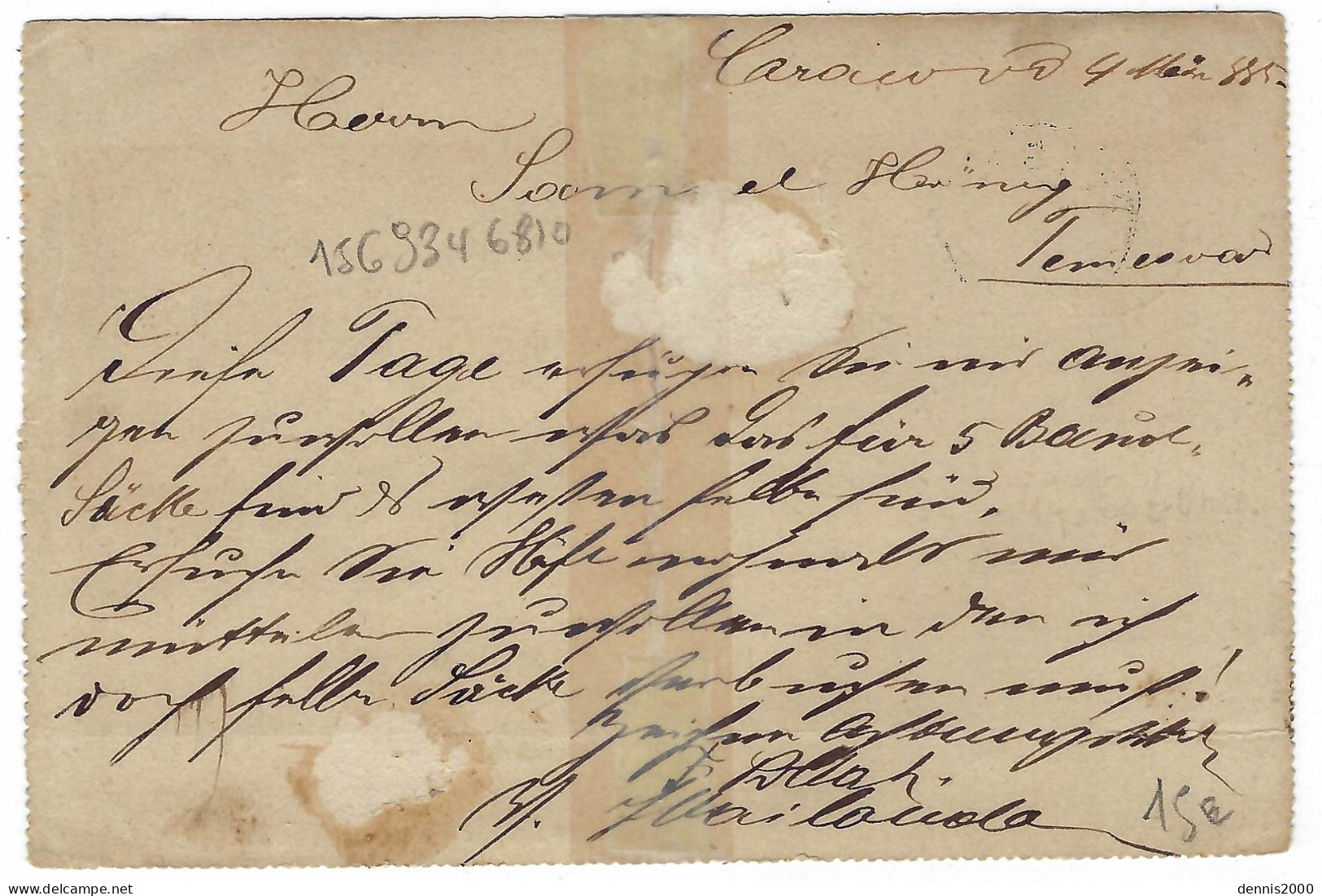 1885- Carta Postala 5 Bani  + Compl. 5 Bani  Oblit. CRAIOVA Pour Temesvar - Brieven En Documenten