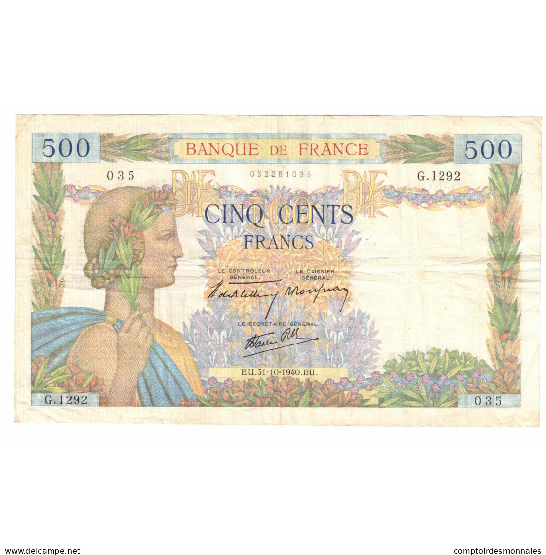 France, 500 Francs, La Paix, 1940, G.1292, TTB+, Fayette:32.8, KM:95a - 500 F 1940-1944 ''La Paix''