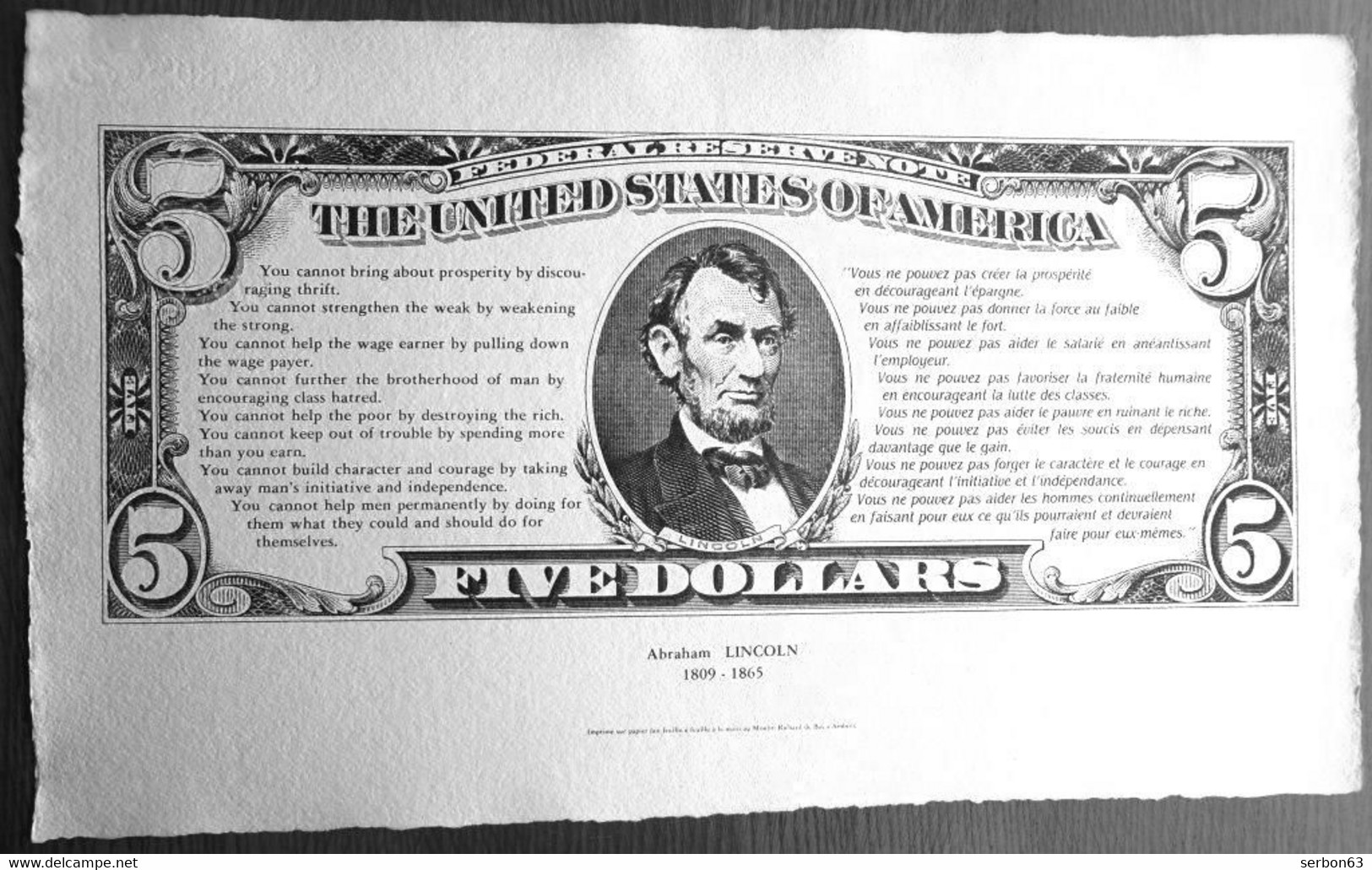 1 SPÉCIMEN VRAIE FAUSSE MONNAIE ABRAHAM LINCOLN ETATS UNIS AMERIQUE FIVE DOLLARS PAPIER RICHARD DE BAS FICTIF DOCUMENT - Fiktive & Specimen