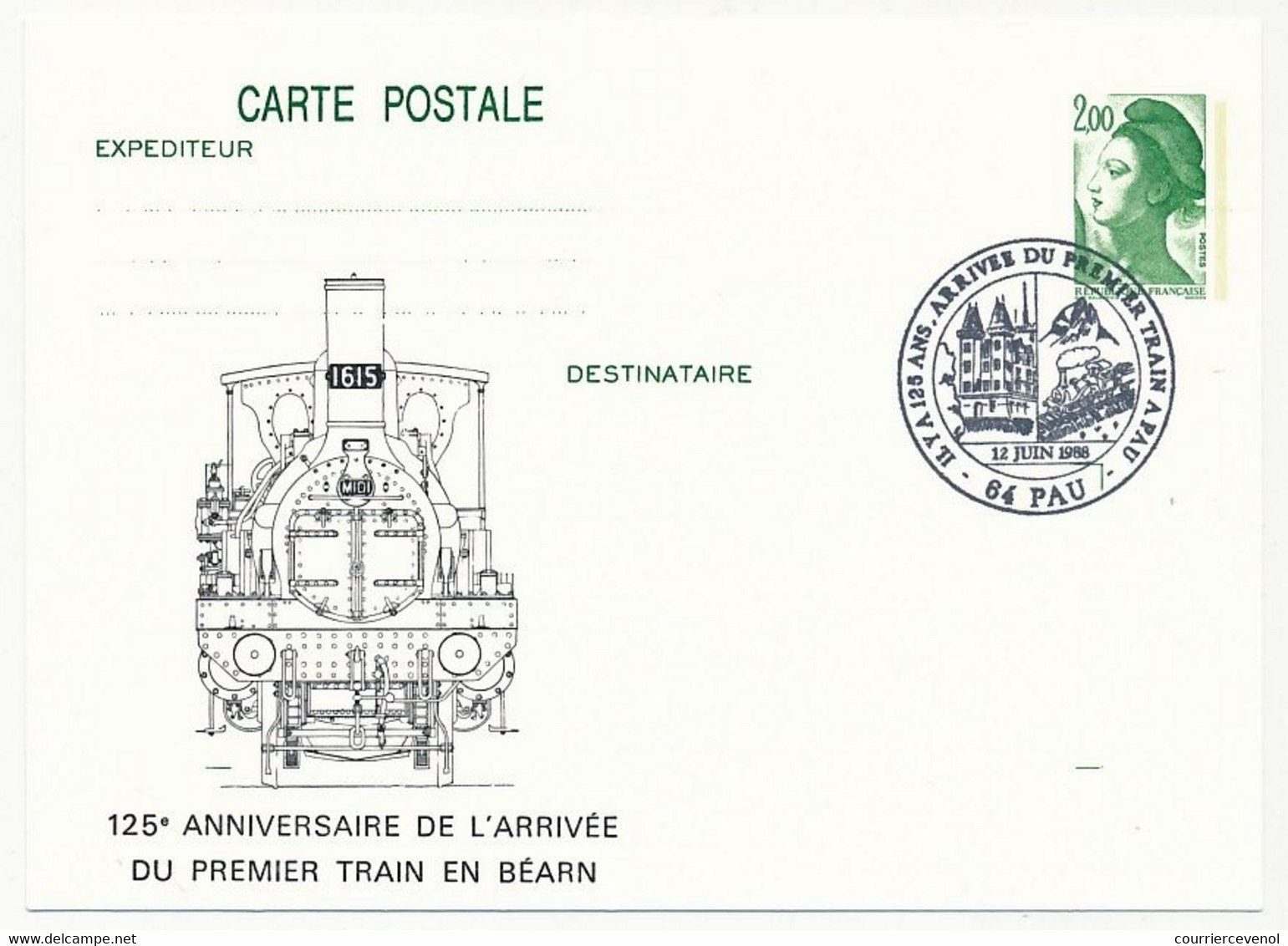 Entier CP 2,00 Liberté - 125eme Anniversaire Arrivée Du 1er Train En Béarn - 64 PAU - 12 Juin 1988 - Cartes Postales Repiquages (avant 1995)