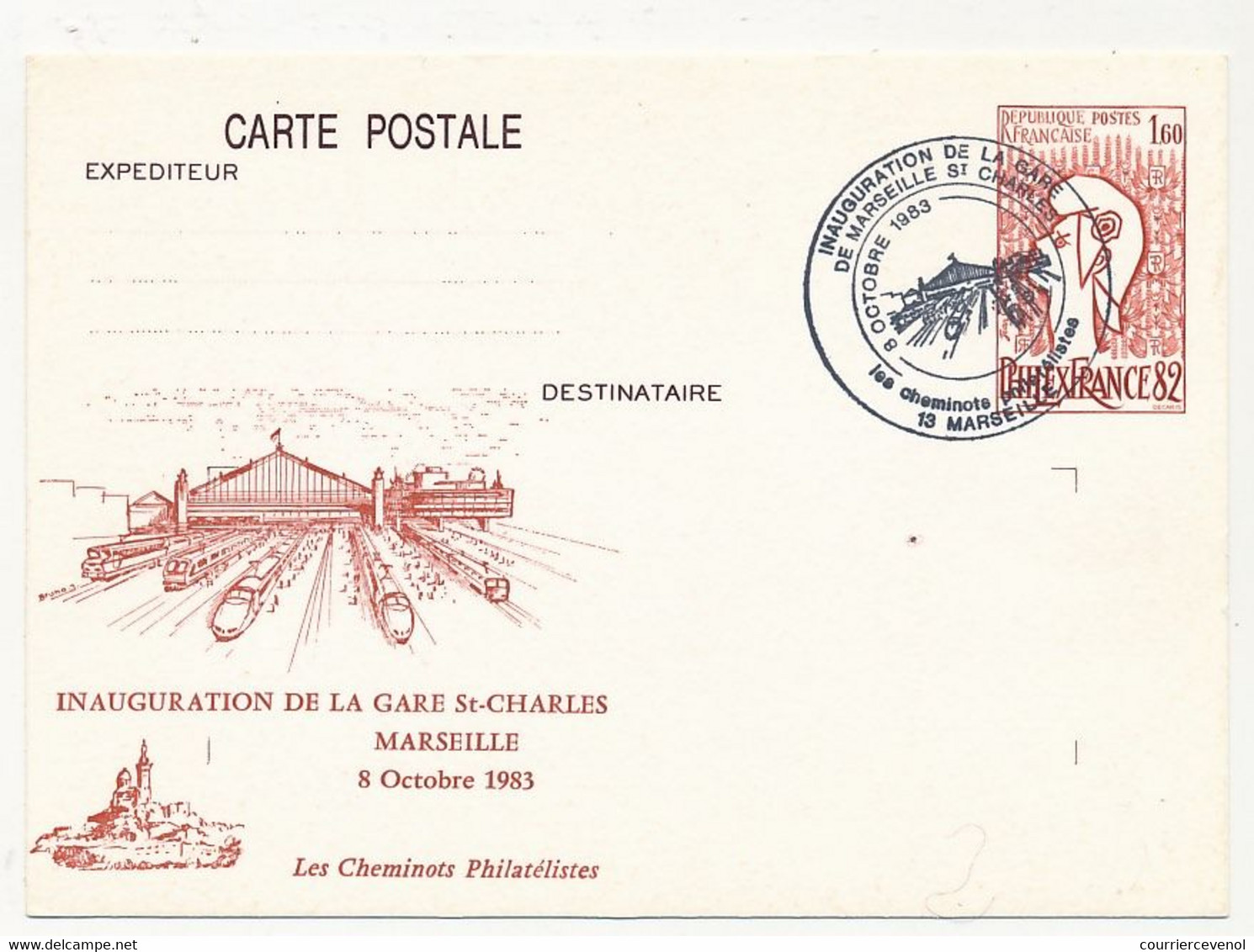 Entier Repiqué CP 1,60 Philexfrance / Inauguration De La Gare St Charles - 13 MARSEILLE - 5 Octobre 1983 - Overprinter Postcards (before 1995)