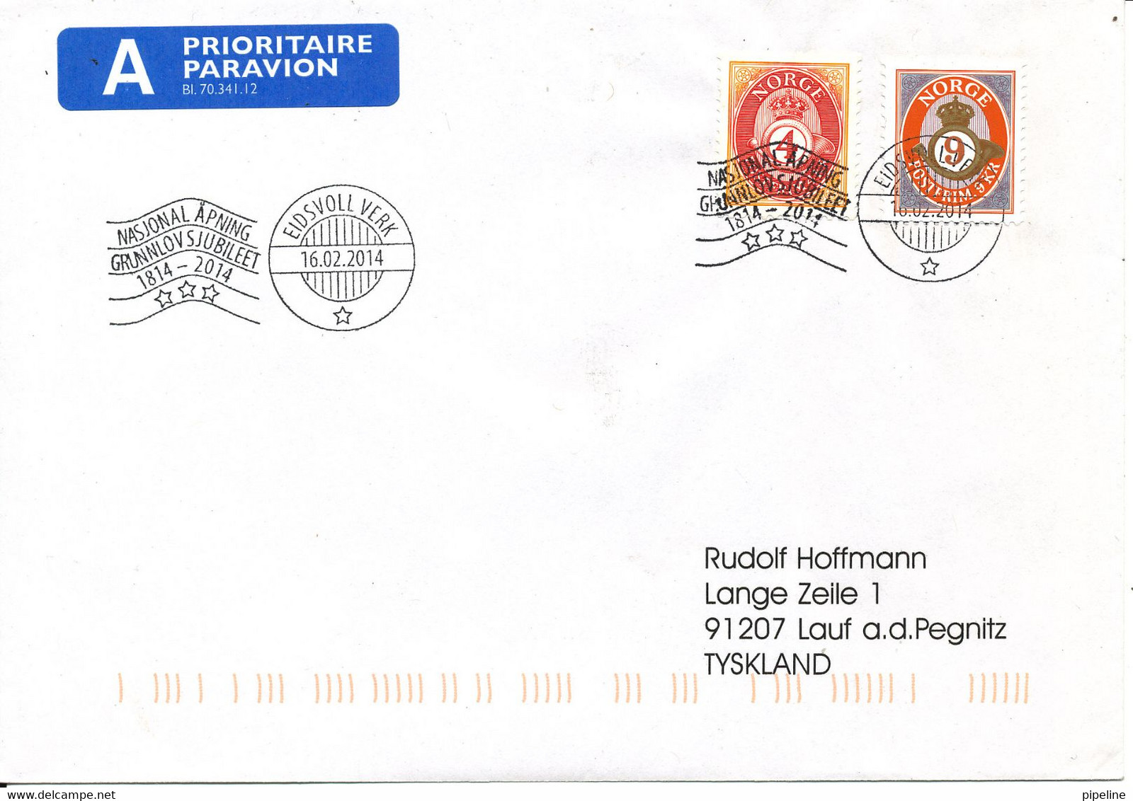 Norway Cover Eidsvoll Verk 16-2-2014 (Nasjonal Opning Grunnlovsbubileet 1814 - 2014) - Lettres & Documents