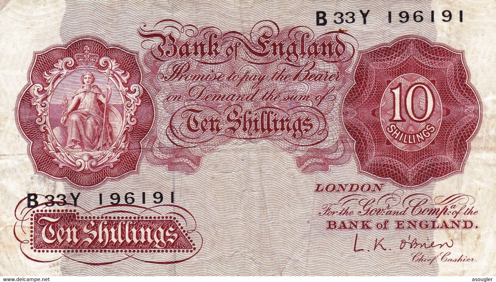 Great Britain United Kingdom England 10 Shillings 1955-60 VF P-368c "free Shipping Via Registered Air Mail" - 10 Schillings