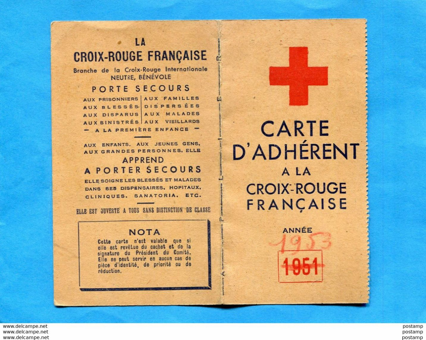 FRANCE- Carte D'adhérent Croix Rouge -années  1953 Avec 2 Vignettes Oblitérées  200frs - Croce Rossa