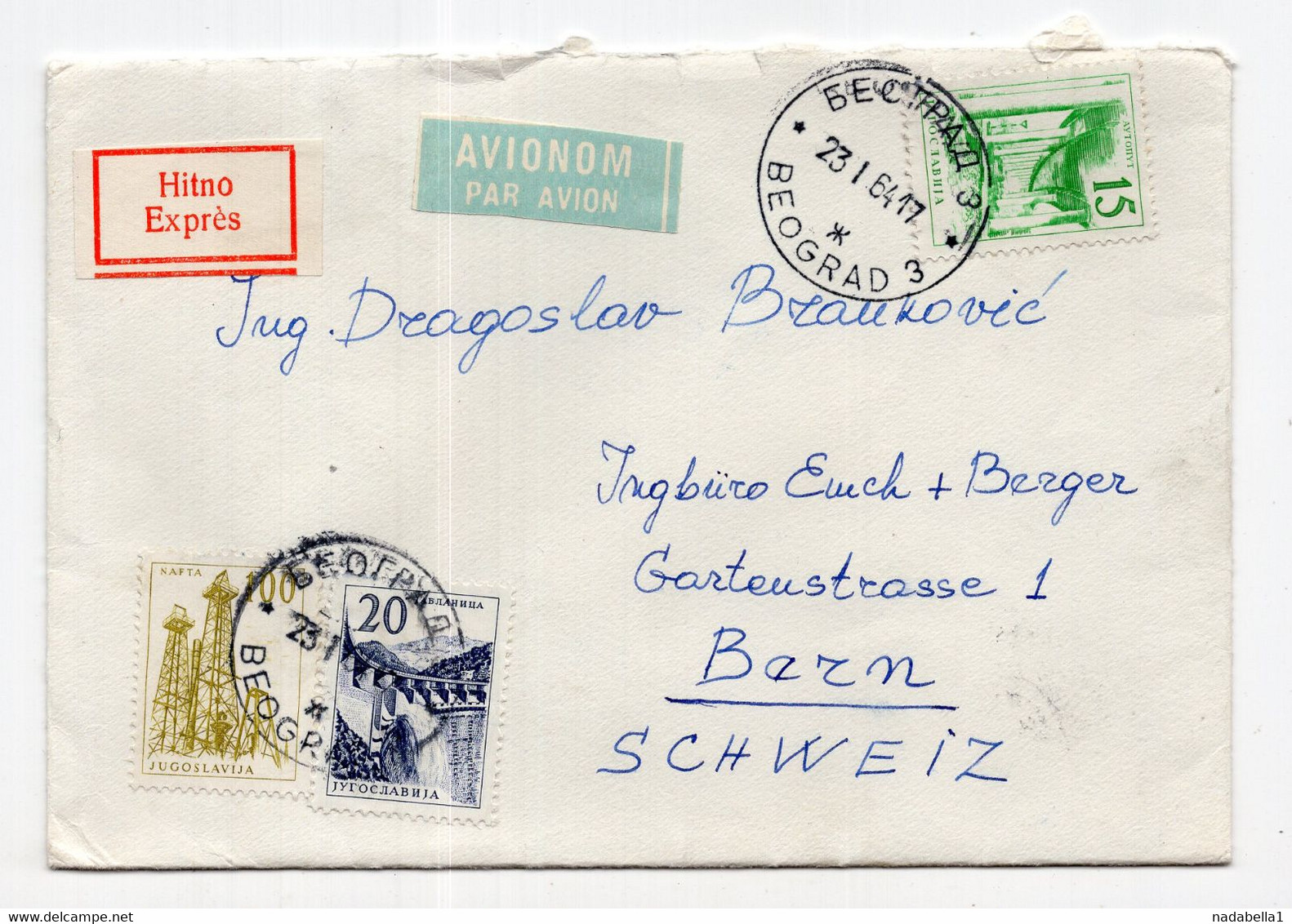 1964. YUGOSLAVIA,SERBIA,BELGRADE TO BERN,SWITZERLAND,AIRMAIL EXPRESS COVER - Posta Aerea