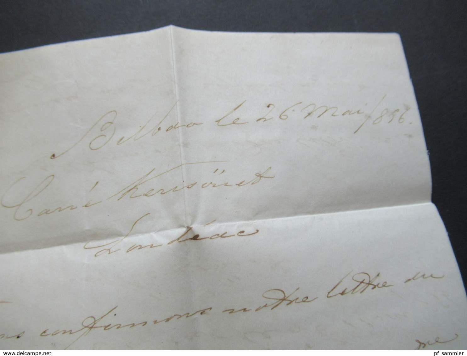 Spanien 1856 Faltbrief mit Inhalt / Auslandsbrief Bilbao - Loudeac 2x rote Stempel und rücks. Bahnpost Pyrenees A Paris