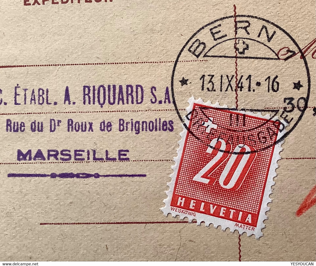 TAXATION RARE !  BERN 1941Schweiz Nachportomarke France Entier Postal IRIS Marseille Gare(Portomarke Lettre Brief Taxé) - Portomarken