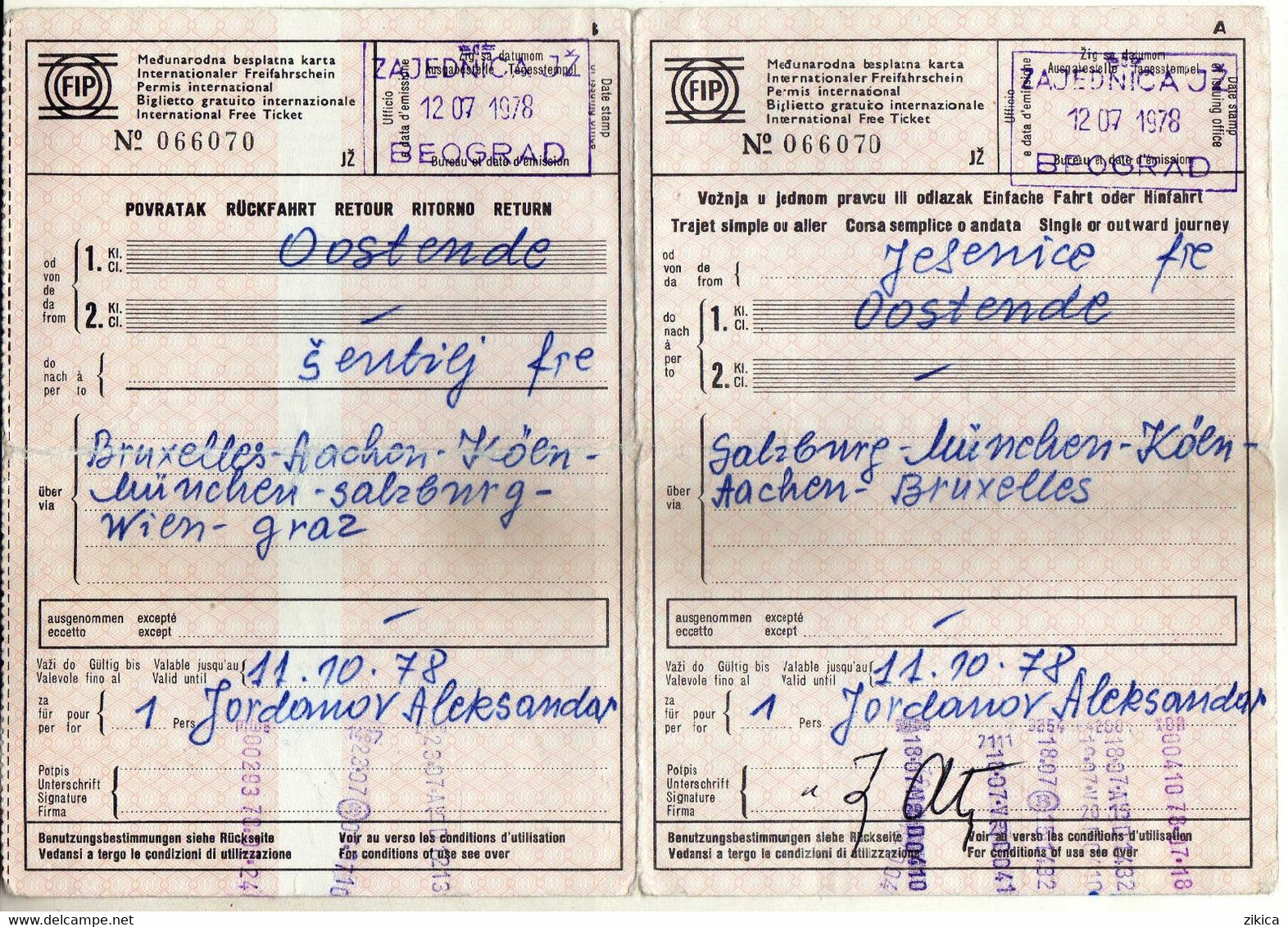 Transportation Ticket - Yugoslavia Railway - Jesenice Slovenia - Oostende Belgium - Europa