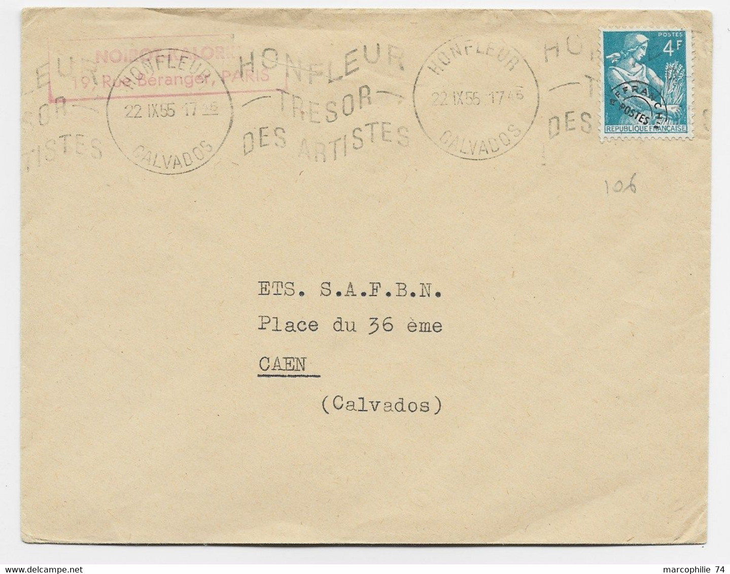 FRANCE PREO 4FR SEUL LETTRE MECANIQUE KRAG HONFLEUR TRESOR DES ARTISTES HONFLEUR 22.IX.1955 CALVADOS AU TARIF - 1957-1959 Oogst