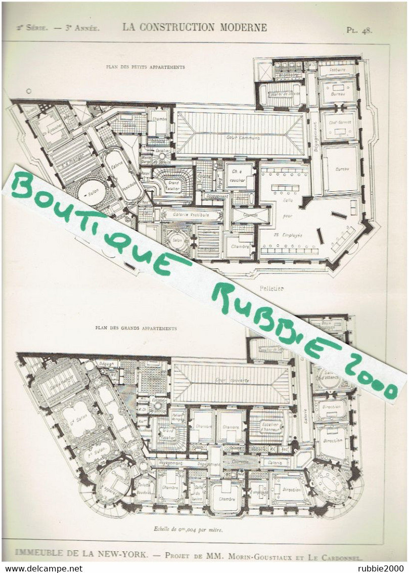 4 PLANS DESSINS 1897 PARIS 9° PROJET IMMEUBLE ASSURANCES LA NEW YORK CROISEMENT BOULEVARD DES ITALIENS ETRUE LE PELETIER - Paris