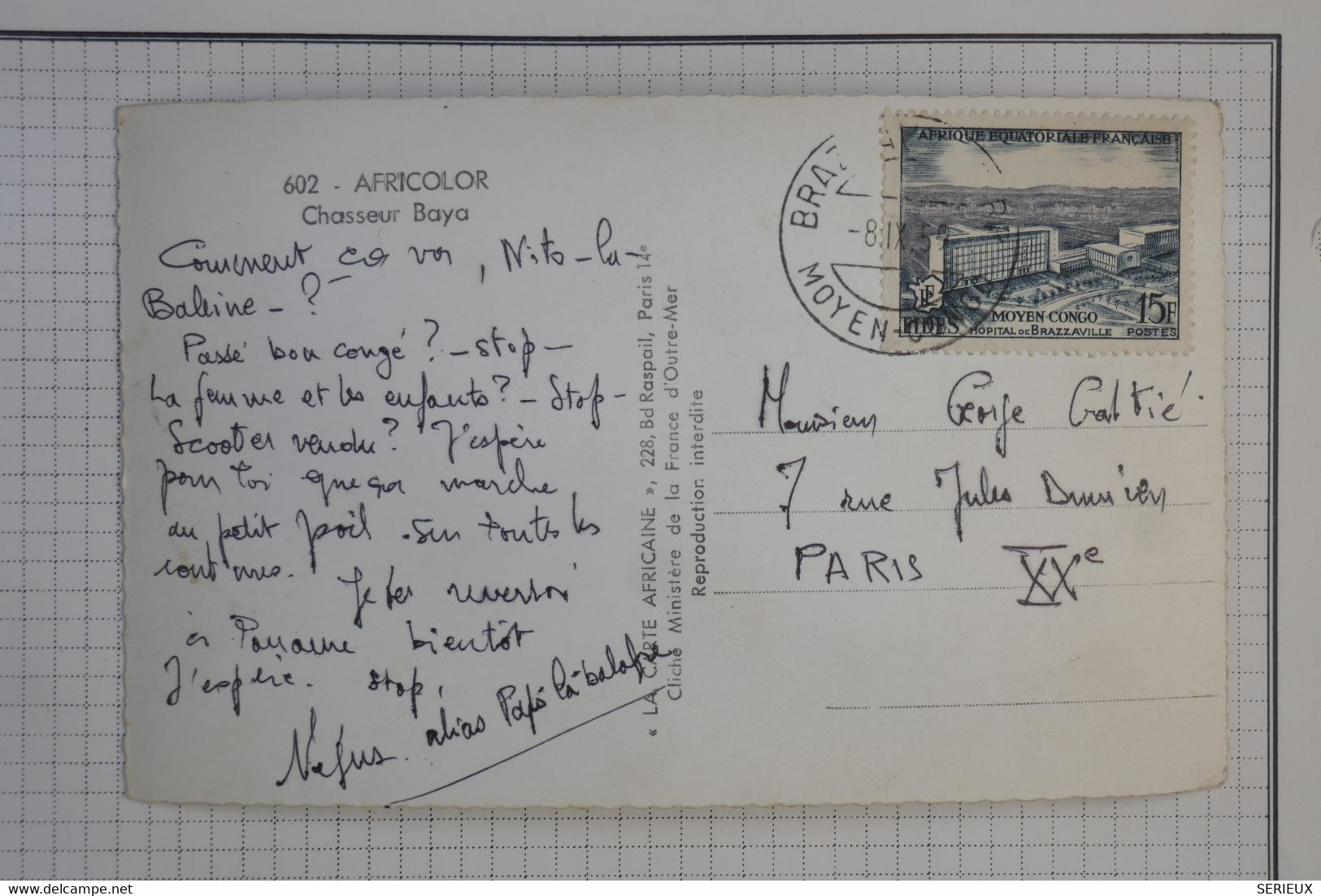 BB1 AEF  MOYEN CONGO  BELLE CARTE   ++ 1959 BRAZZAVILLE   A PARIS    FRANCE ++ CHASSEUR BAYA+++AFF. PLAISANT - Briefe U. Dokumente