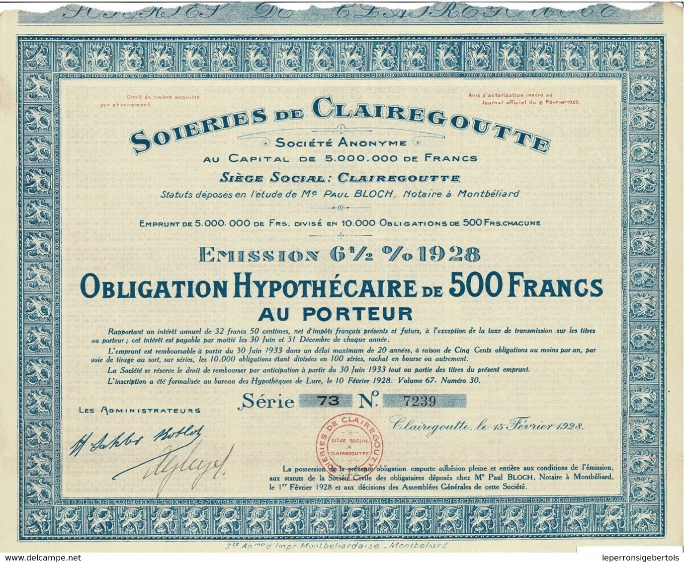 Obligation Hypothécaire De 1928 - Soieries De Clairegoutte - - Tessili